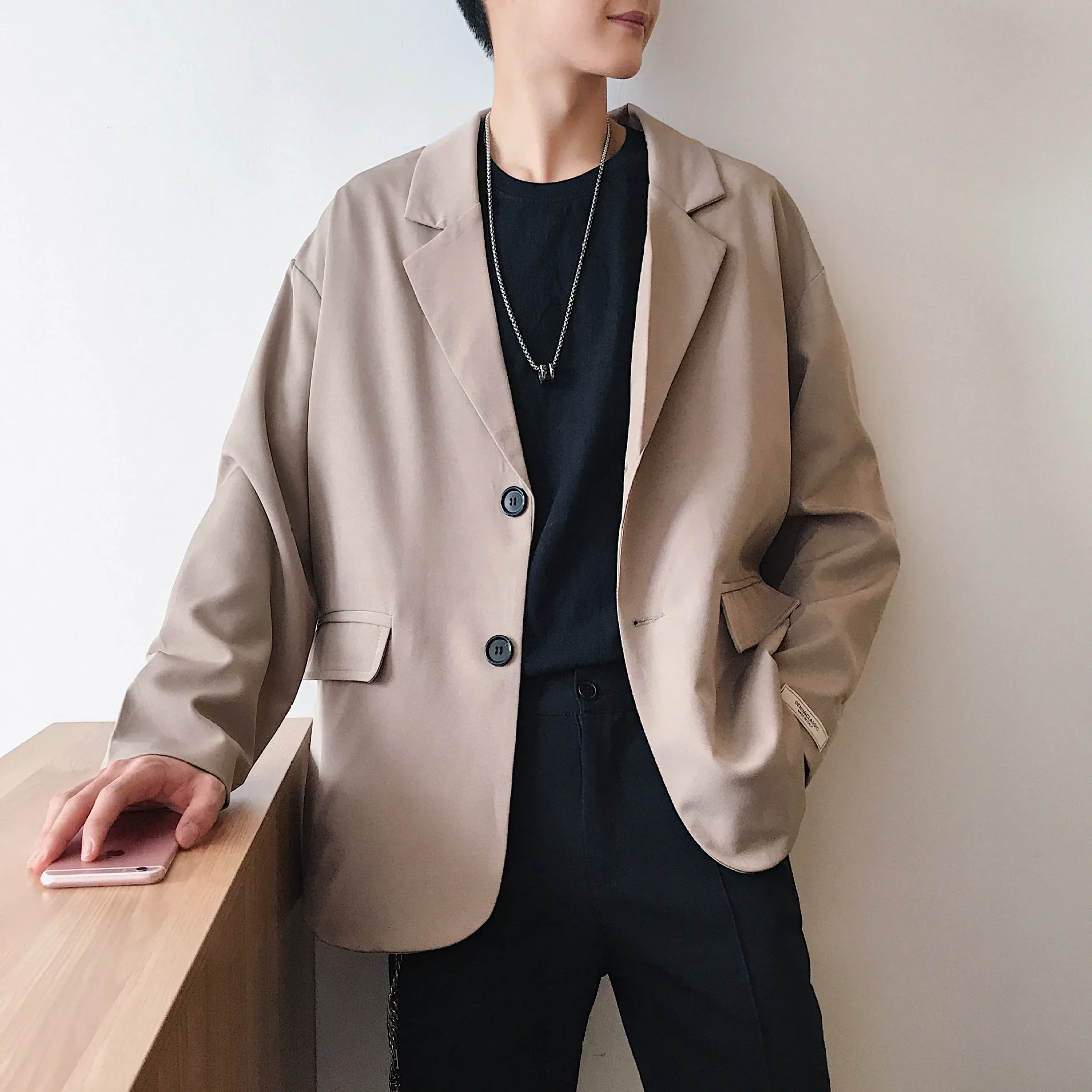 

Cotton Men Suit Coat 2019 New Fashion Men Loose Breathable Solid Pversize Blck Khaki Jacket Long Sleeve Korean Style Coat