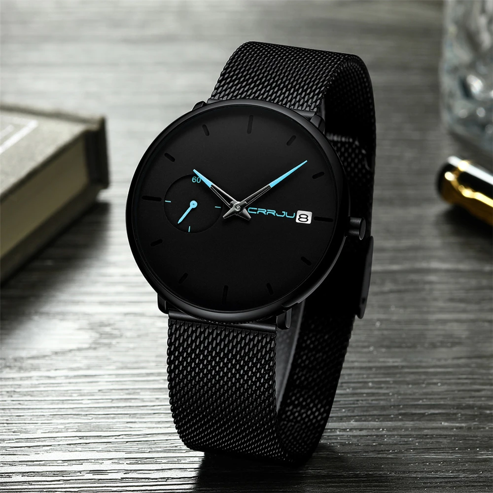 

Charm Stainless Steel Mesh Strap Analog Quartz Mens Watches CRRJU Top Brand Men's Wrist Watch 30M Water Resistant Male Clock