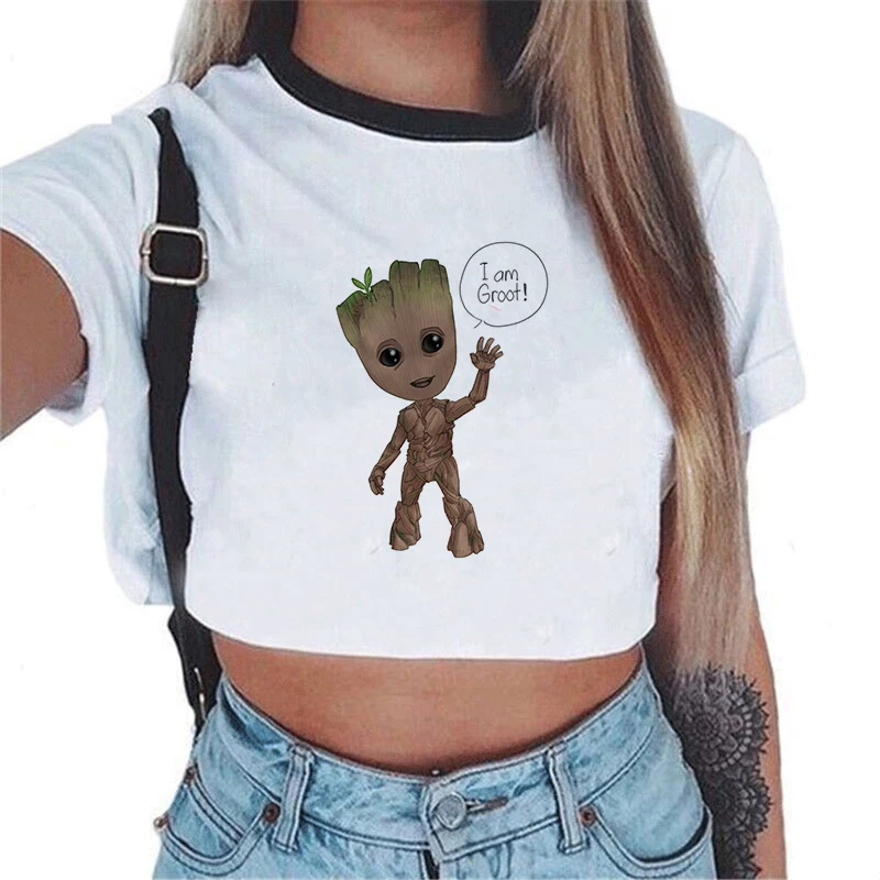 Женская футболка с милым принтом Bady Groot, сексуальный укороченный топ, топы, футболка, забавная модная футболка с героями мультфильмов, Harajuku, обрезанная Tumblr
