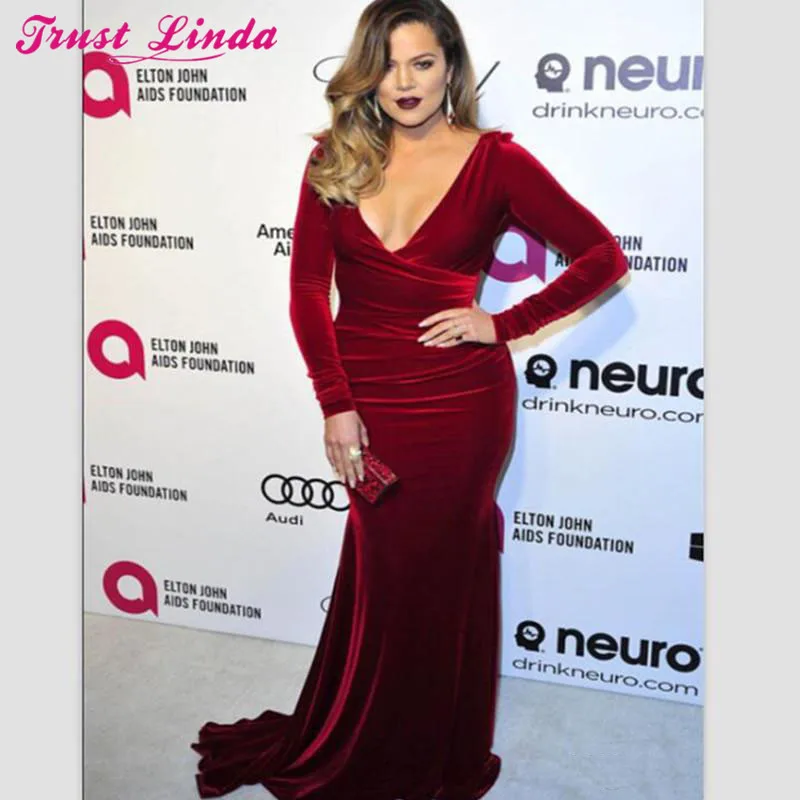 Trust Linda Burgundy Velvet Mother dresses long sleeves mermiad Sexy V-neckline party dress plus size celebrity Gowns | Свадьбы и