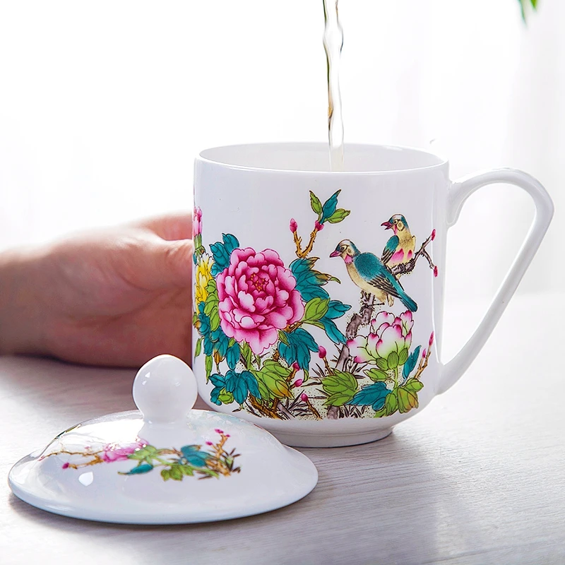 

450ml Creative 3D Emboss Country Style Ceramic Coffee Tea Cup Chinese Traditional Master Cup with Lid Bone china Kung Fu Tea Mug