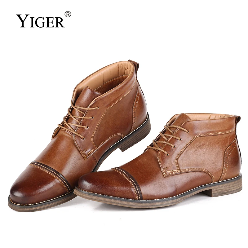 YIGER New Men Ankle Boots Genuine Leather Man Martins Male Lace-up Winter Casual shoes Big size High-top men's 0251 | Обувь