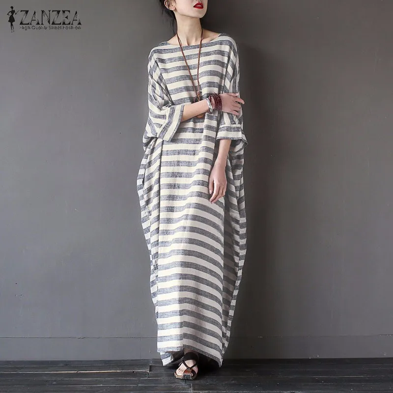 

ZANZEA Women Striped Printed Dress 2021 Autumn Casual Loose O Neck Sleeve Maxi Long Dress Vestidos