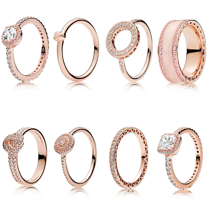 

8 Style 1 Pcs Women 925 Sterling Silver Rings Jewelry Rose Gold Color Heart Crystal Style Ring For Women Jewelry