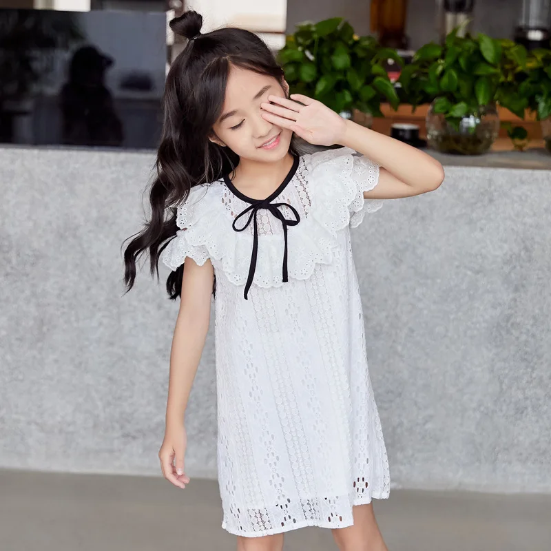 Summer Girls Lace Dress Hollow Flower Princess Teenage Elegant Short Sleeve White For Girl RT388 | Детская одежда и обувь