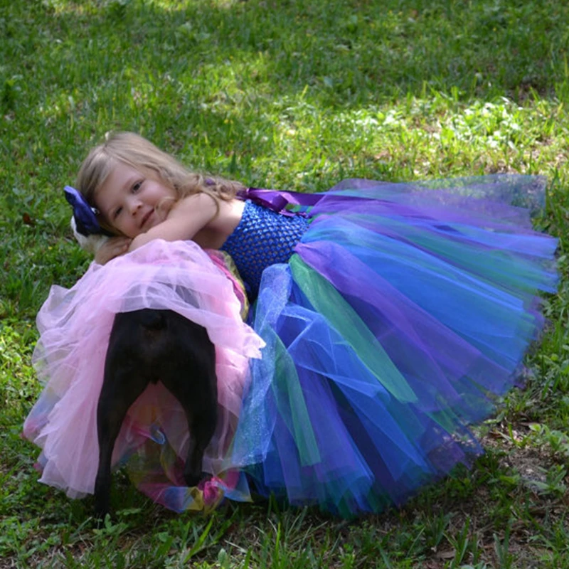 Blue &amp Purple Flower Girl Peacock Tutu Dress Wedding Birthday Party Girls Halloween Costume Kids Ball Gown 1-14 | Детская одежда и