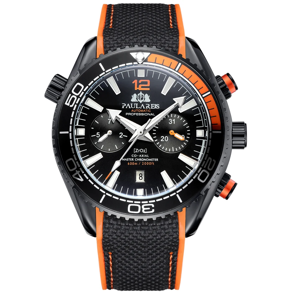 Black Orange Black Автоматические механические холщовые резиновые часы James Bond 007 стиль оранжевый синий красный Многофункциональный Дата месяц мужские спортивные часы - Цвет: Black Orange Black