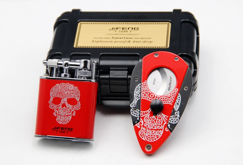 

JiFENG Personalized Cigar Set with Stainless Steel Cigar Cutter & 2 Jet Flame Gas Lighter, Black Potable Water-Proof Tool box