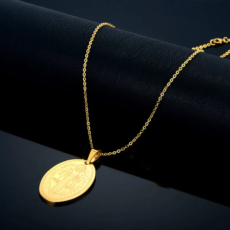 Religious Round Saint Benedict Shape Pendant Necklace For Women 3 Sizes Gold Color Chain Dad's Jewelry Gift | Украшения и
