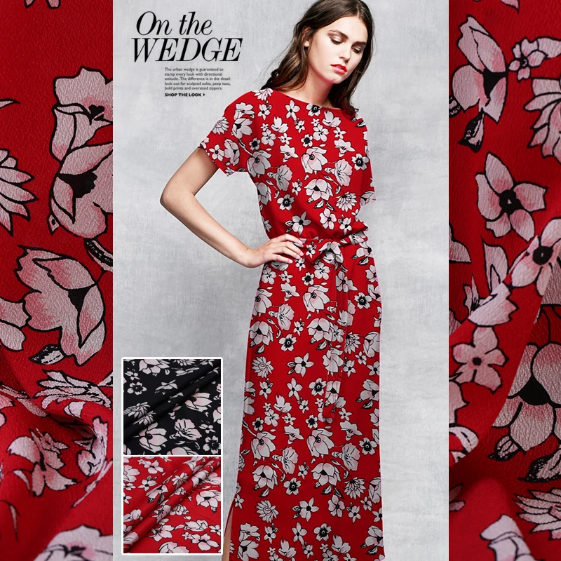 Черный и белый цветочный принт 100% из шелкового крепа для женское платье 110 см