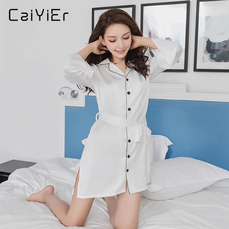Caiyier New Summer Women Robes 2018 Simple Lapel Button Nightwear Lady Solid Long Sleeves Night Gown High Quality LL3210 | Женская