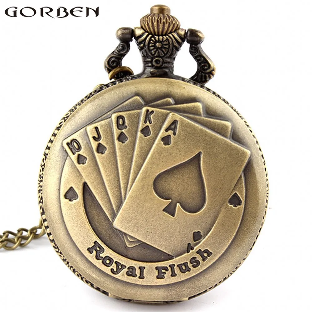 

Bronze Royal Flush Poker Vintage Pocket Watch Necklace With Chain Pokemon Cards Engrave Flip Pendant Watch Clock For Men Women