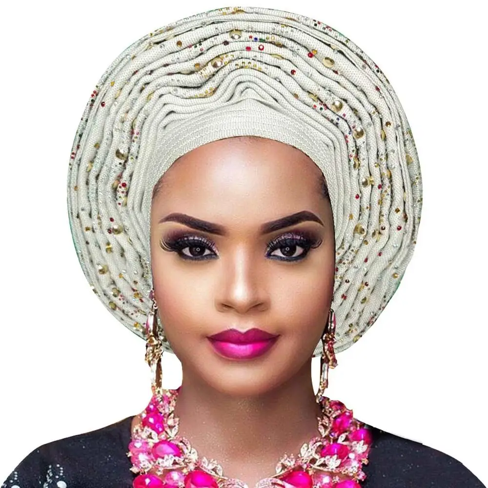 white Африканская повязка aso OKE Auto Gele с бисером африканская Дамская повязка на голову для aso ebi свадьбы - Цвет: white