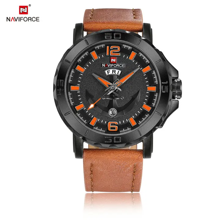 LIGHT BROWN ORANGE NAVIFORCE спортивные водонепроницаемые креативные часы люксовый бренд кварцевые часы кожаный ремешок Календарь модные часы для мужчин Relogio Masculino - Цвет: LIGHT BROWN ORANGE