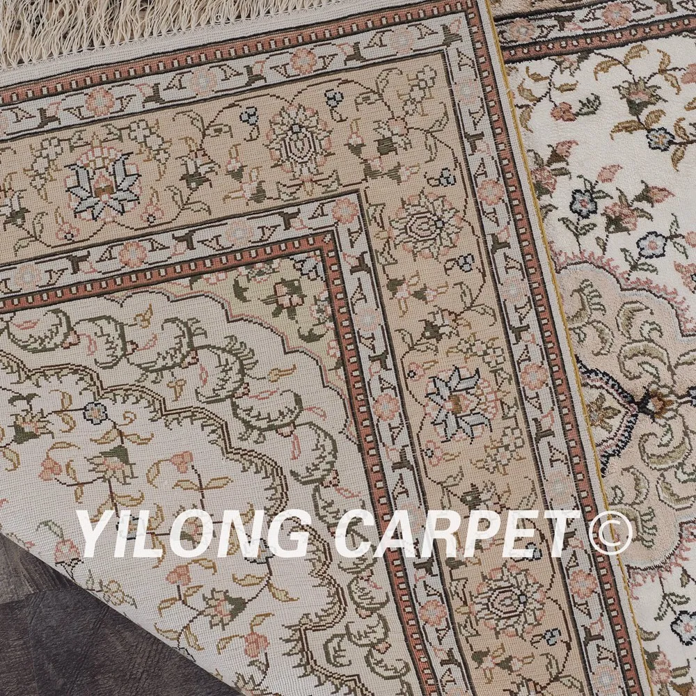 Шелковый коврик YILONG 3 'x 5' Тебриз ручной работы шелковые бежевые изысканные