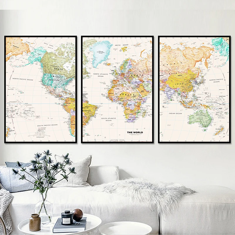 3 шт. карта мира современное декоративное живописное полотно художественный