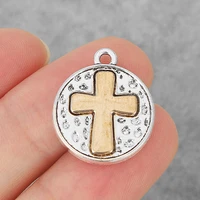 10pcs hammered round shape carved cross coin charms pendants for necklace making jewelry findings 19 5mm