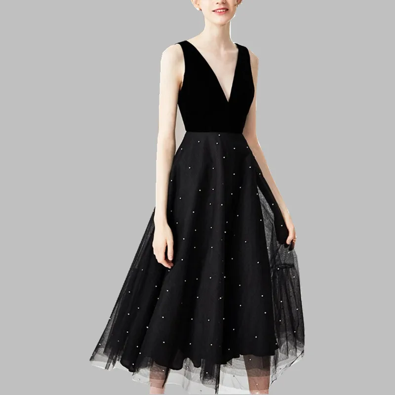 

JSXDHK 2021 Sexy Deep V Neck Ball Gown Party Dress Runway Women Velvet Patchwork Tull Sleeveless Dress Spring Beading Mesh Long