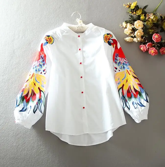 Women's spring autumn long sleeve vintage phoenix embroidery cotton shirt female casual loose chic shirt blouse tb098