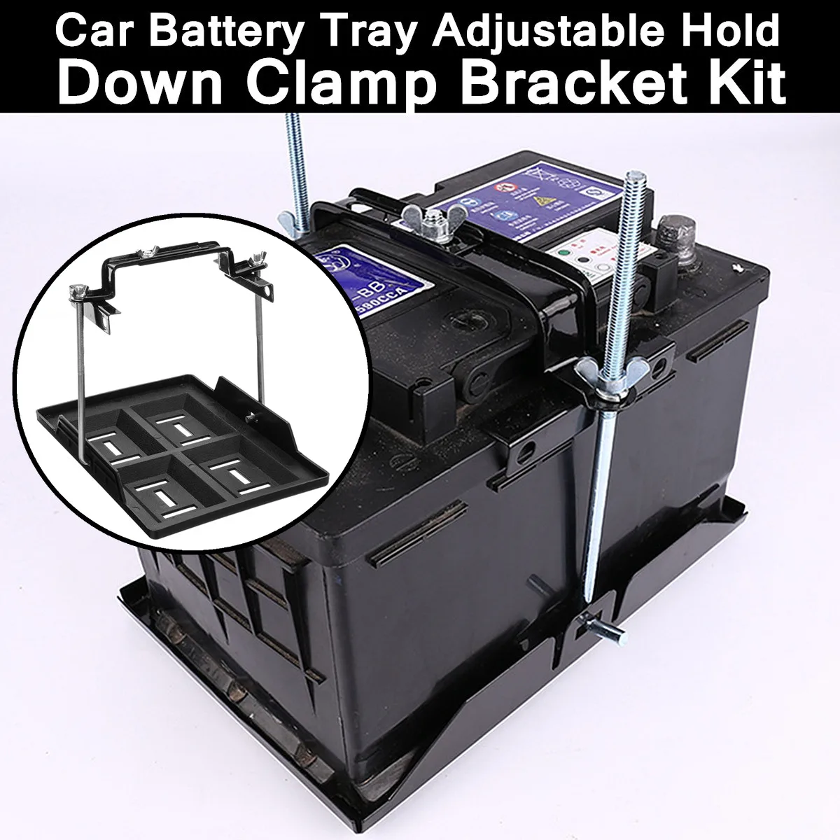 Universal Car Battery Tray Adjustable Hold Down Clamp Bracket Cycle 19 x 28cm Recessed Slots Metal Black Automotive/Marine Use