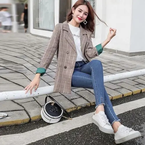

2019 Korean Autumn Leisure Geometric Coats And Jackets Women Double Breasted Loose Casual Female Work Wear Clolthes