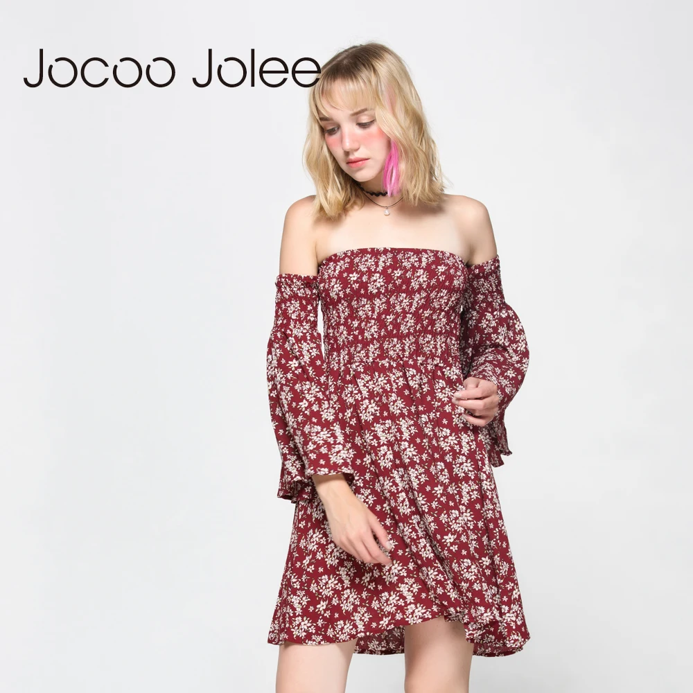

Jocoo Jolee Women Floral Print Dress Slash Neck Flare Sleeve Beach Dress Empire Off-Shoulder Dress Sexy Party Mini Dresses