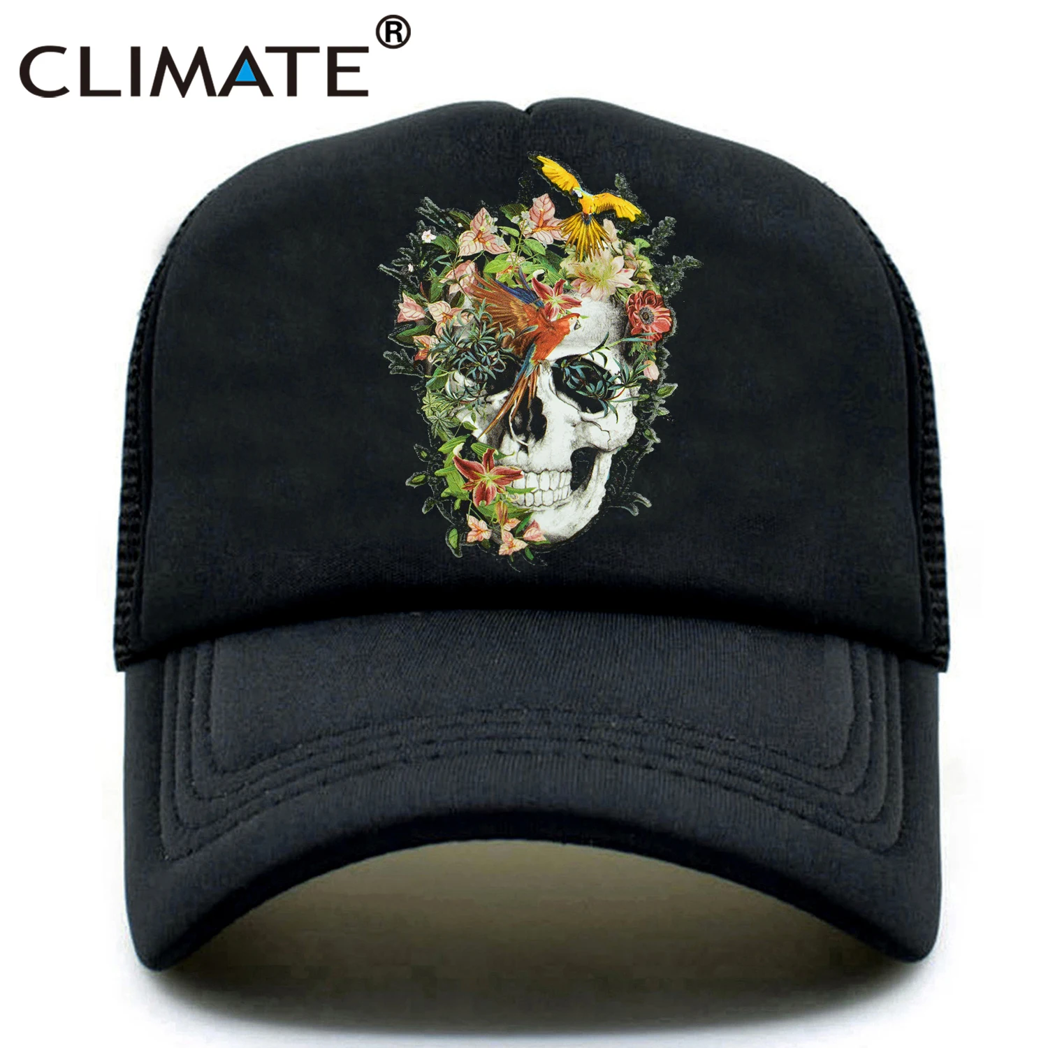CLIMATE Flower Skeleton Trucker Cap Men Cool Skull Bone Cap HipHop Baseball Caps Summer Bloodcurdling Black Mesh Cap Hat for Men