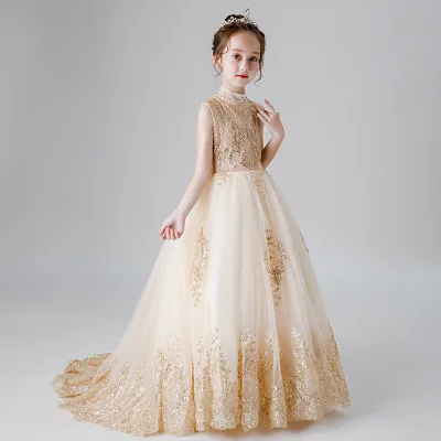 Sequin Gold Lace Girl Dress Princess Formal Gown Long Trailing Flower Pageant Party Wedding First Communion Dresses | Детская одежда и
