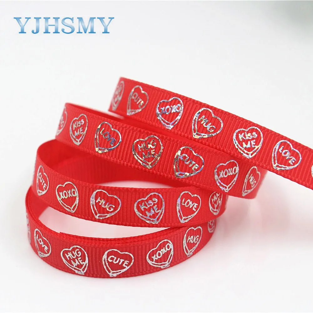 YJHSMY G-18609-369 10 мм ярдов Лазерная Серебряная в форме сердца любовь печать grosgrain лента