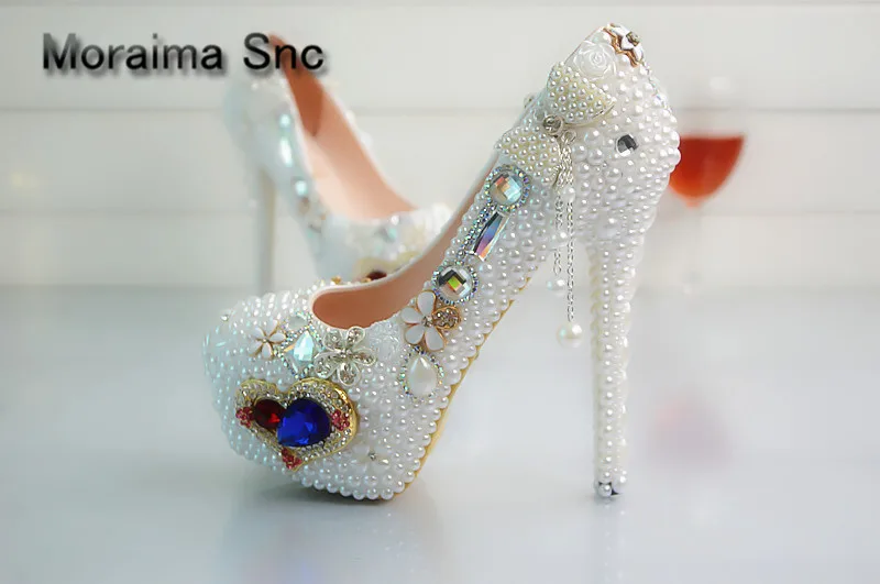 

Moraima Snc brand luxury shoes women Heart-shaped crystal women pumps platform high heels pumps 14 cm white pearl stiletto party