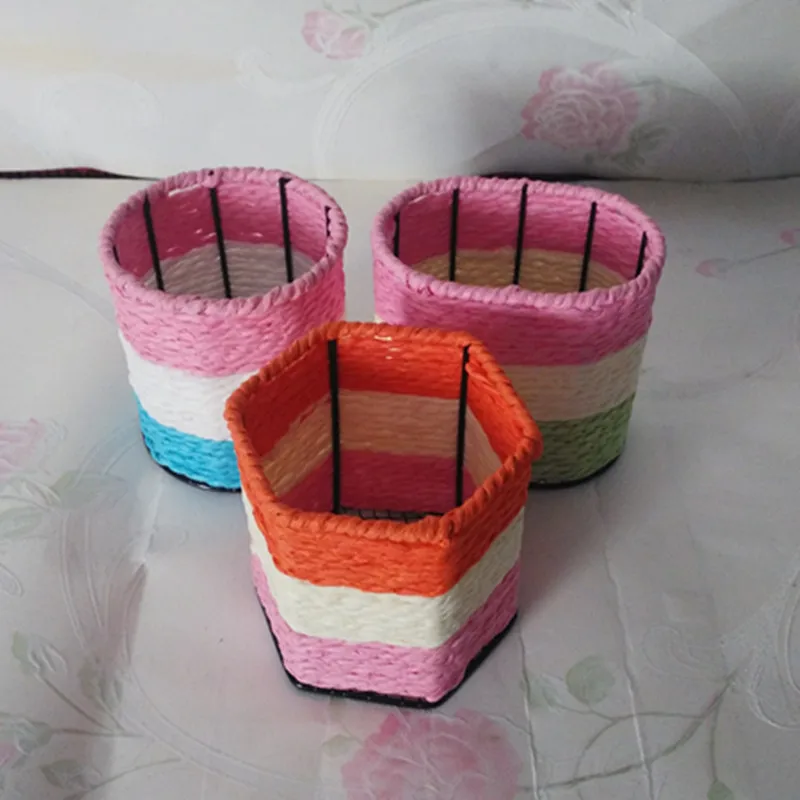 Creative Color rope braided small pen container Desktop office containing round oval/Hexagon pen holders random color organizer
