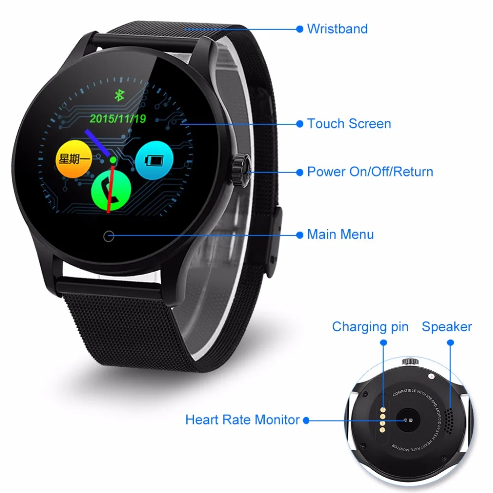 Bluetooth K88H Смарт часы 2.5D HD IPS круглый экрана трек наручные пульсометр шагомер