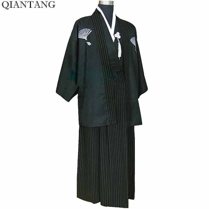 

Черный винтажный Японский мужской кимоно из полиэстера воина юката хаори с одеждой Оби Один размер мужская одежда
