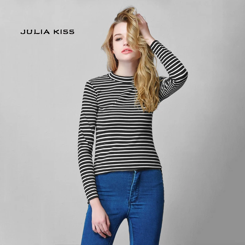 Женский укороченный топ в полоску с высоким воротником и длинным рукавом|striped crop