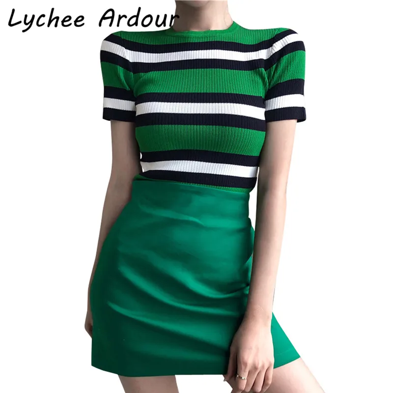 Lychee Ardour хит цветная полосатая трикотажная футболка зеленая юбка Женский