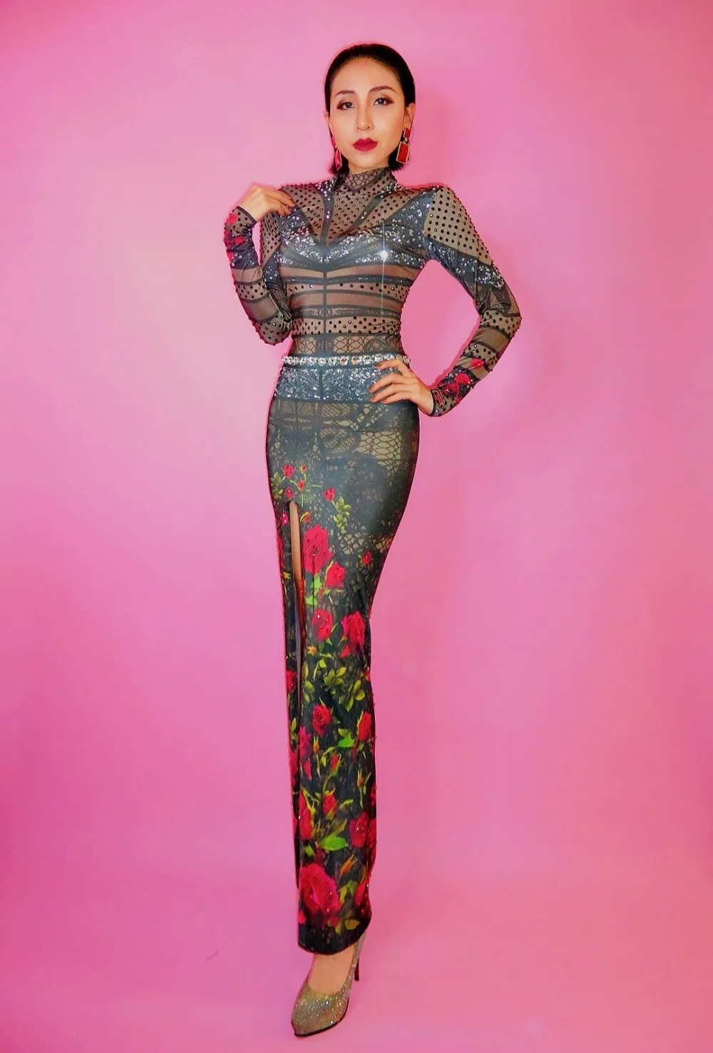 New Black Rhinestones Cheongsam Printed Flowers Dress Skinny Evening Wear Women's Prom Birthday Celebrate Dresses | Тематическая