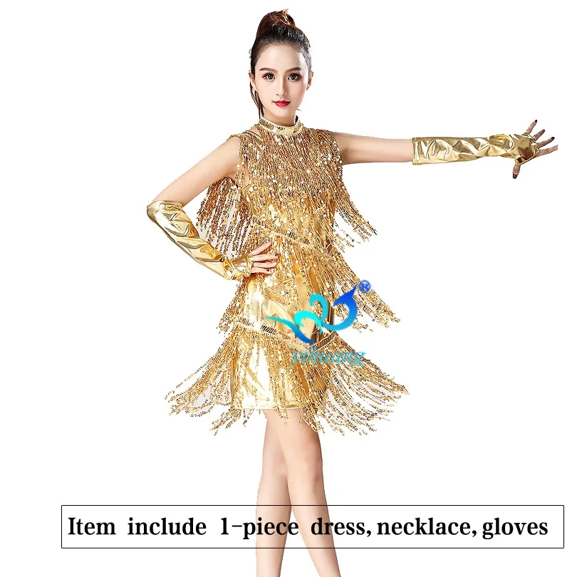 Gold 3pcs 1920s платье Хлопушка Костюм Гэтсби наряды Чарлстон вечерние платья для латинских танцев с блестками платье для выступлений с ожерельем перчатки - Цвет: Gold 3pcs