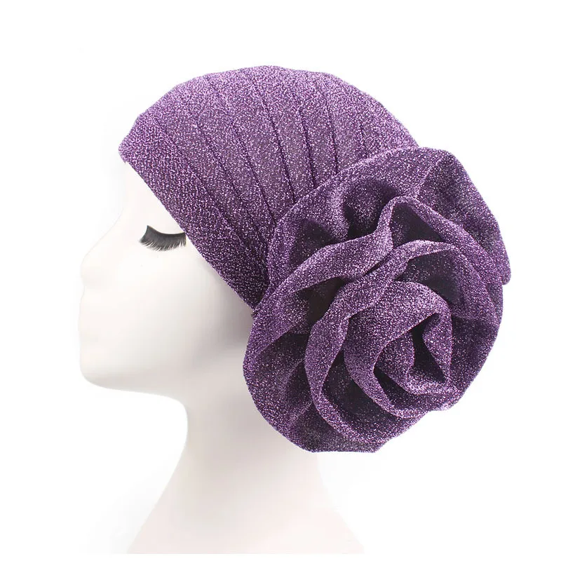 Purple Женские яркие мусульманские тюрбаны хиджабы с большим цветком, эластичные тканевые головные уборы, женские свадебные аксессуары для волос, модные головные уборы - Цвет: Purple