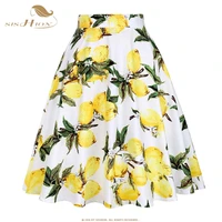sishion 2021 fruit print lemon skirt white and yellow cotton summer knee length swing 50s vintage skirts bottoms pleated skirt