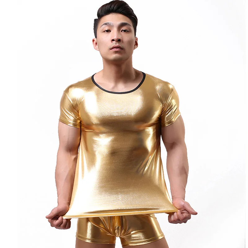 

Wholesale 4 Color Faux Leather Latex Mens Teddy Bodysuit Shiny Wetlook Elastic Undershirt Lingerie Sets Gay Male Boxer Underwear