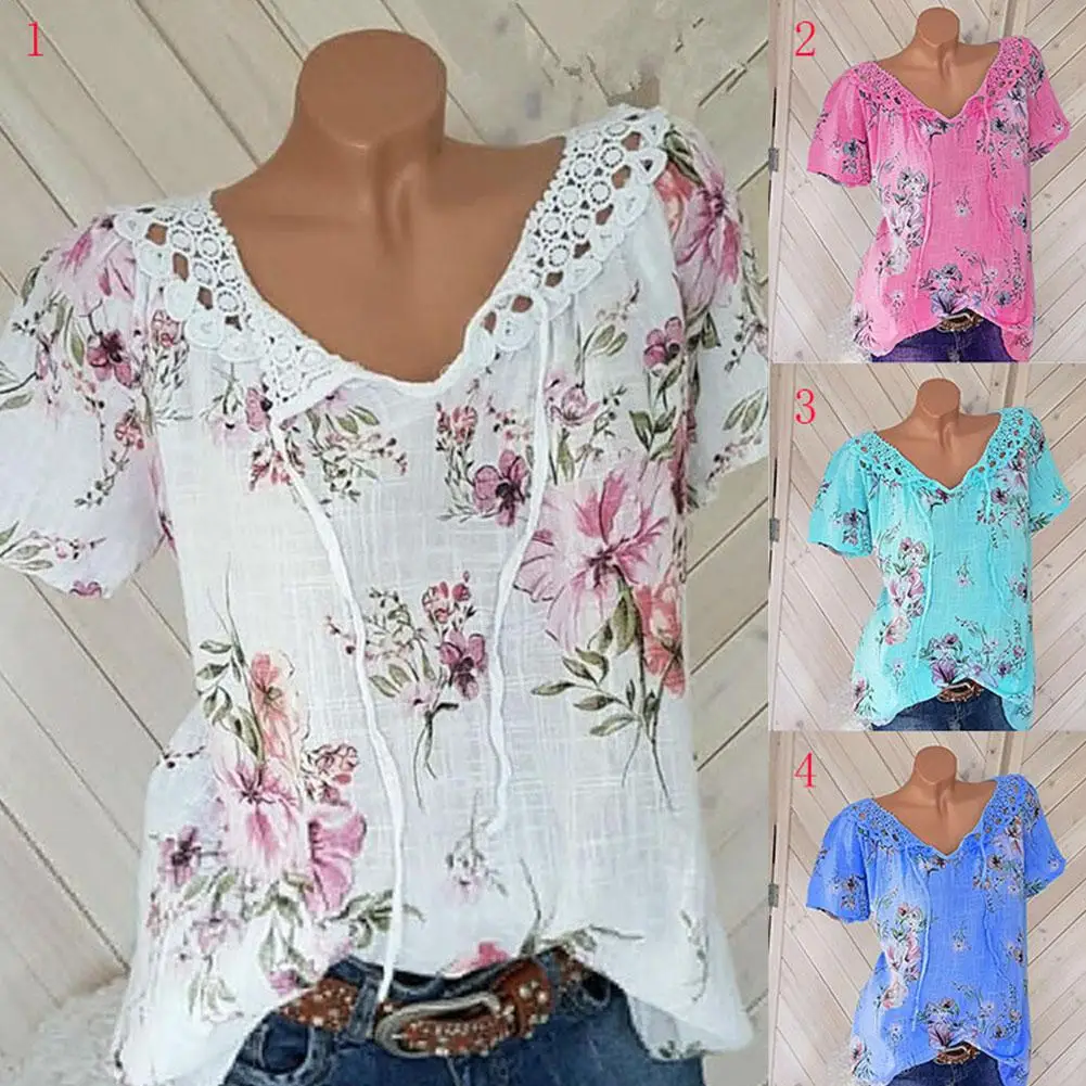 MISSKY 2019 New Women Spring Summer t shirt Lace Edge Hollow Out V-neck Fashion Print Short Sleeve T-shirt Female Clothes | Женская