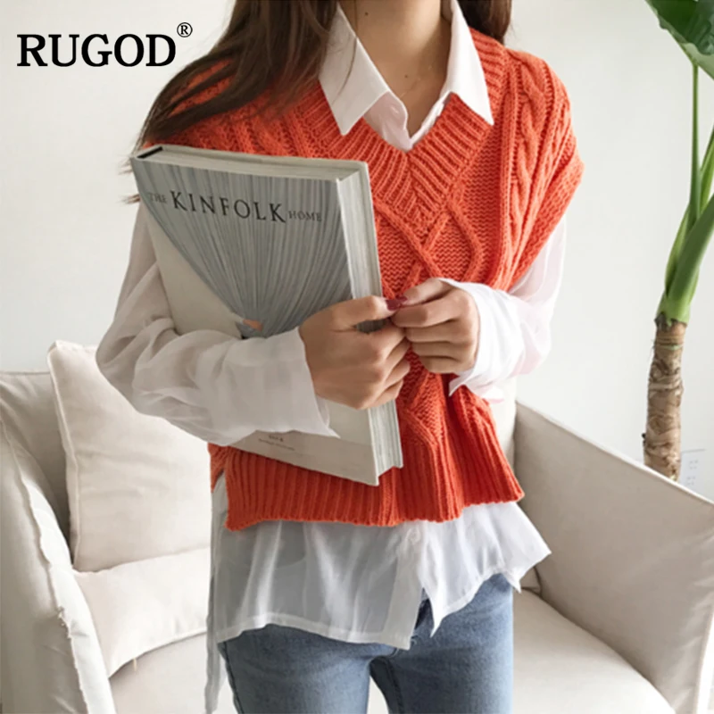 RUGOD 2019 New WinterEngland Style Pullovers fashion wild diamond-shaped twist woven V-neck wool short vest sweater women | Женская