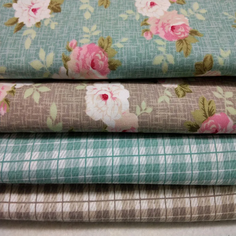 50x40cm Green Brown Blooming Flowers &amp Check Cotton Fabric Patchwork Bundle Quilting Sewing For Tilda Doll tiss | Дом и сад