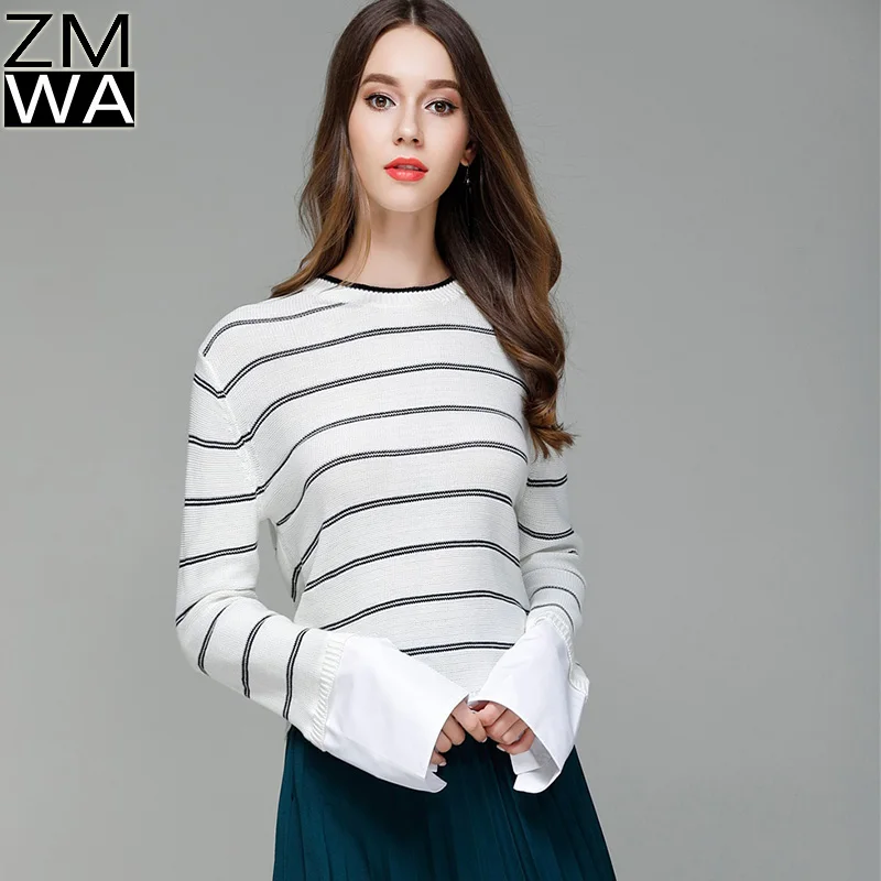 Classic College style design striped black and white sweater loose casual chic long sleeve shirt cuff knit | Женская одежда