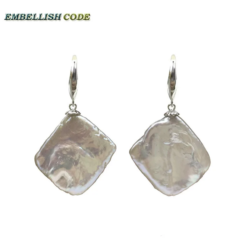 

large size baroque style flat block rhombus shape hook dangle earring white color natural pearls 925 silver elegant jewelry