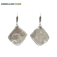 large size baroque style flat block rhombus shape hook dangle earring white color natural pearls 925 silver elegant jewelry