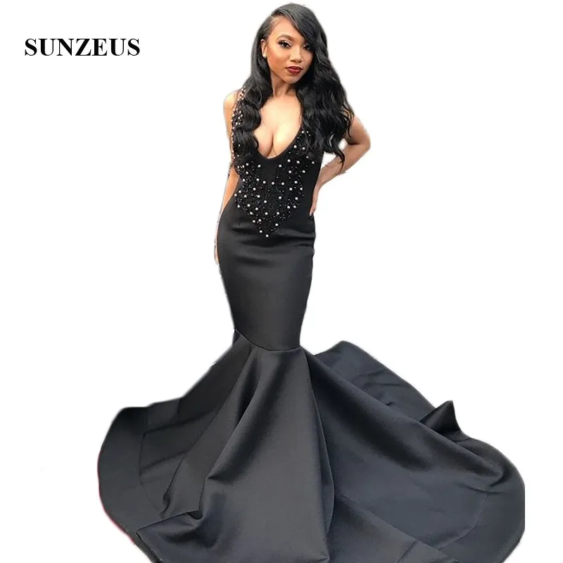 

Deep V Neck Sexy Long Prom Dresses 2019 Pearls Beaded Mermaid Formal Evening Party Dresses Black vestidos de cerimonia SP19