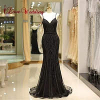 hot sale luxury black sequined evening dresses sexy spaghetti straps trumpet formal long evening gown robe de soiree 60720