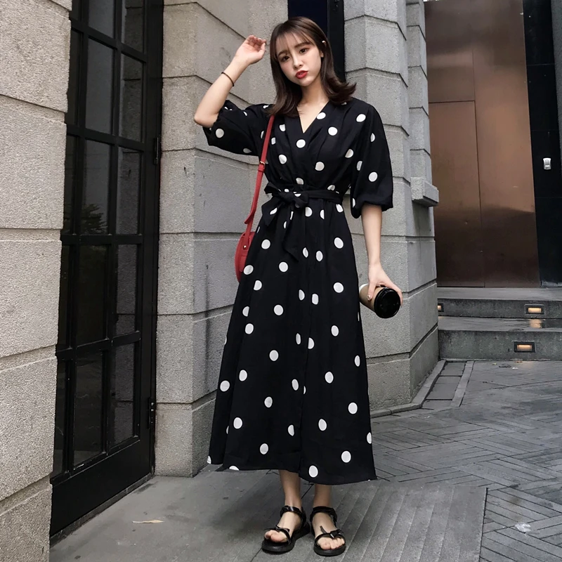 2019 новый летний французский большая волна точка платья женские большие размеры v