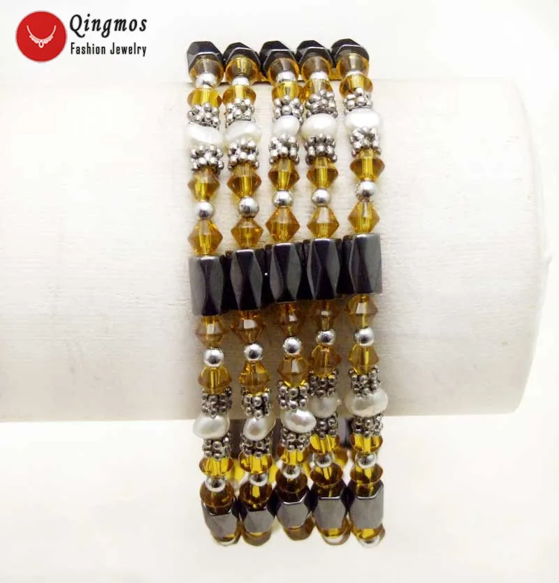 Qingmos 4-5mm Natural White Baroque Pearl Bracelet for Women with Orange Crystal &amp Black Hematite Long Necklace 36'' | Украшения